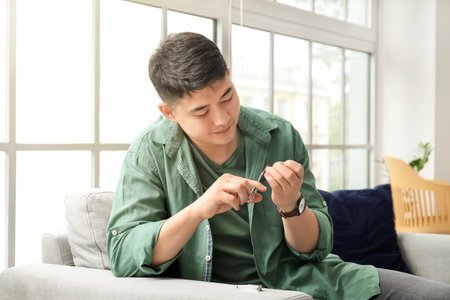 Young Asian man doing manicure at homeの写真素材