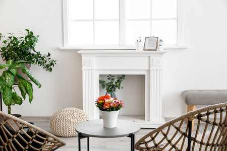 Stylish interior of living room with fireplaceの写真素材