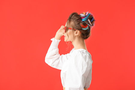 Beautiful young woman with unusual hair on color backgroundの写真素材
