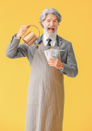 Senior businessman with watering can and money on color backgroundの写真素材