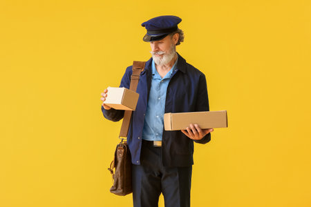 Handsome old postman on color backgroundの写真素材