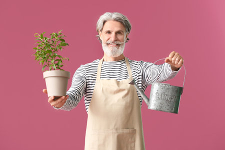senior gardener on color backgroundの写真素材