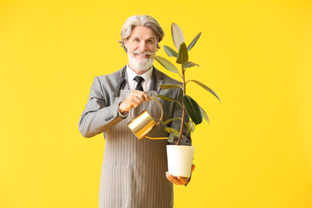 Senior businessman with watering can and plant on color backgroundの写真素材