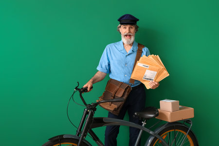 Surprised old postman with bicycle on color background