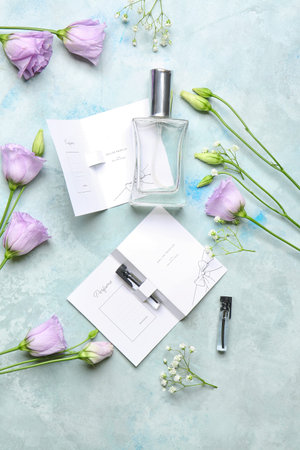 Perfume samples on color background