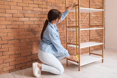 Young woman measuring shelf unit indoorsの写真素材
