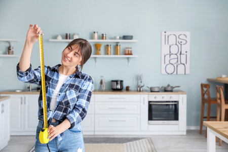 Young woman with tape measure in kitchenの写真素材
