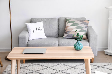 Interior of modern room with table and sofaの写真素材