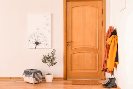 Interior of modern stylish hallway with door mat