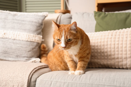 Funny red cat on sofa at homeの写真素材