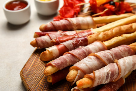 Wooden board of tasty Italian Grissini with bacon on light background, closeupの写真素材