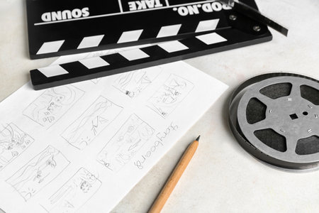 Movie clapper with storyboard and film reel on light background, closeupの写真素材