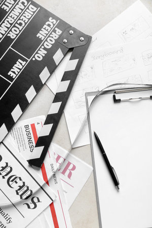 Clipboard with film, newspapers and movie clapper on light background