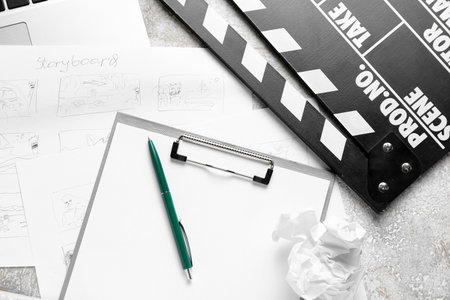 Clipboard with storyboard, laptop and movie clapper on grunge backgroundの写真素材