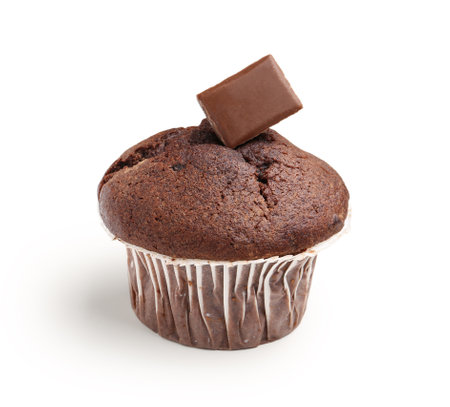 Tasty chocolate cupcake isolated on white backgroundの写真素材