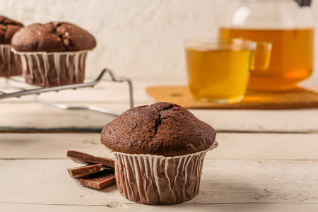 Tasty chocolate cupcakes on tableの写真素材