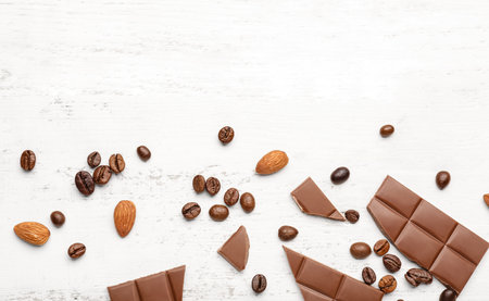 Composition with pieces of tasty chocolate, almonds and coffee beans on light wooden backgroundの写真素材