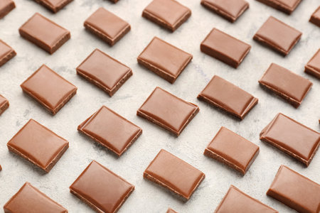 Composition with pieces of tasty chocolate on light backgroundの写真素材