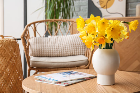 Vase with beautiful narcissus flowers and magazines on coffee table in living roomの写真素材
