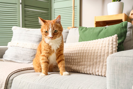 Funny red cat on sofa at homeの写真素材