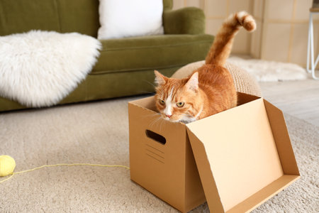 Funny red cat sitting in cardboard box at homeの写真素材