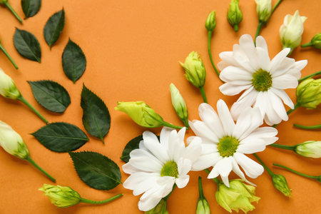 Beautiful composition with white flowers and plant leaves on color backgroundの写真素材
