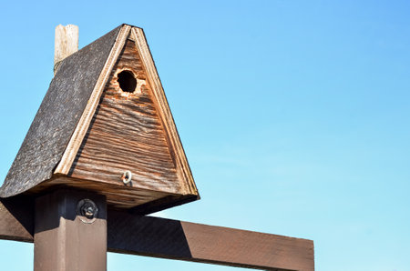 View of wooden bird house against blue skyの写真素材