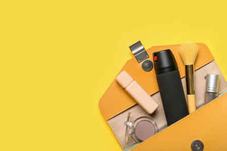 Bag with makeup products and pepper spray on yellow backgroundの写真素材
