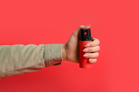 Woman with pepper spray on red backgroundの写真素材