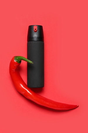 Spray with chili pepper on red backgroundの写真素材