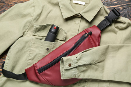 Female shirt with pepper spray and bag on wooden background, closeup