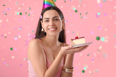 Happy young woman with piece of birthday cake on pink backgroundの写真素材
