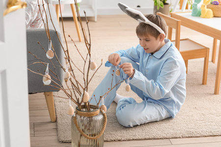 Little boy decorating tree branches with Easter eggs at home
