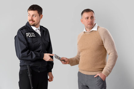 Mature man giving bribe to policeman on gray backgroundの写真素材