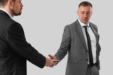 Businessman taking bribe from man on gray backgroundの写真素材