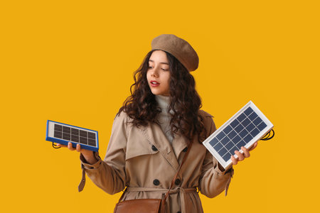 Teenage girl in beret with portable solar panels on yellow backgroundの写真素材
