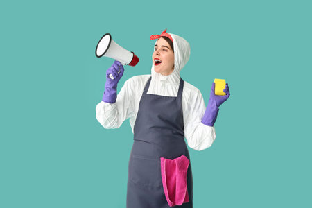 Screaming housewife in protective costume and with megaphone on color background