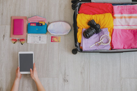 Woman planning vacation, top viewの写真素材
