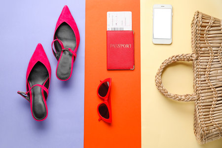 Set of travel accessories on color backgroundの写真素材