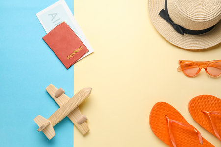 Set of travel accessories on color backgroundの写真素材