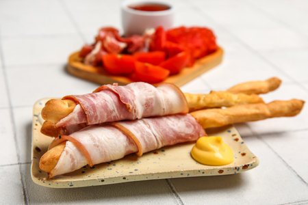 Plate of tasty Italian Grissini with bacon on white tile background, closeupの写真素材