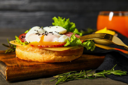 Board with tasty egg Benedict on table, closeupの写真素材