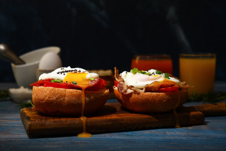 Board with tasty eggs Benedict on tableの写真素材