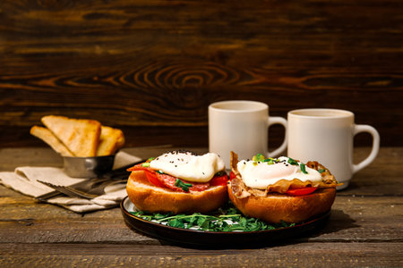 Plate with tasty eggs Benedict and cups of coffee on wooden background