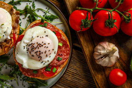 Plate with tasty eggs Benedict and tomatoes on wooden background, closeupの写真素材