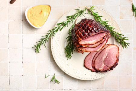Plate with tasty smoked ham on light tile backgroundの写真素材