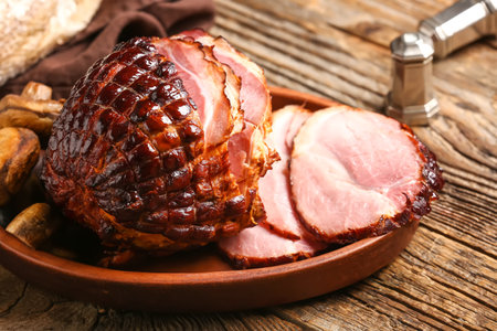 Plate with tasty smoked ham on wooden backgroundの写真素材