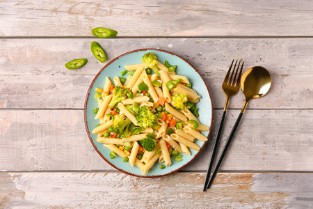 Plate with tasty pasta salad on gray wooden backgroundの写真素材