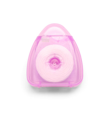 Case with pink dental floss isolated on white background