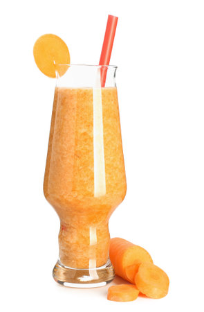 Glass of healthy carrot smoothie isolated on white backgroundの写真素材